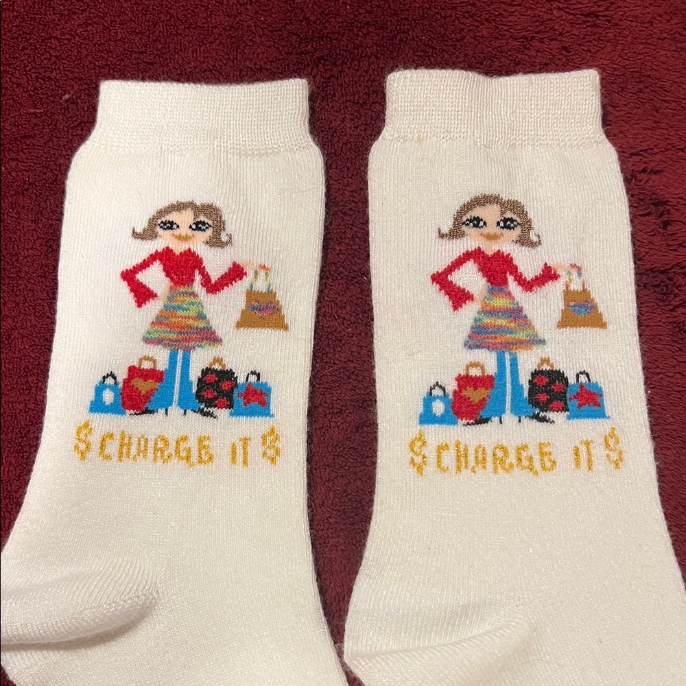 White $Charge it$ Shop Til You Drop Graphic Socks - Picture 3 of 7